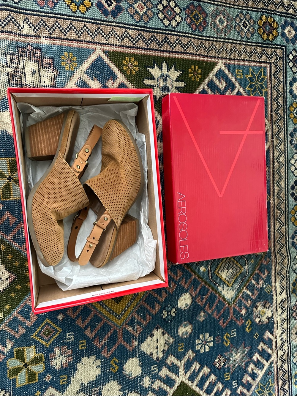 AEROSOLES Vitamin perforated leather sling back mule in dark tan, size 6.5